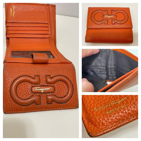 SALVATORE FERRAGAMO ORANGE PEBBLED LEATHER TRIFOLD TRAVEL WALLET CLUTCH - Picture 1 of 16